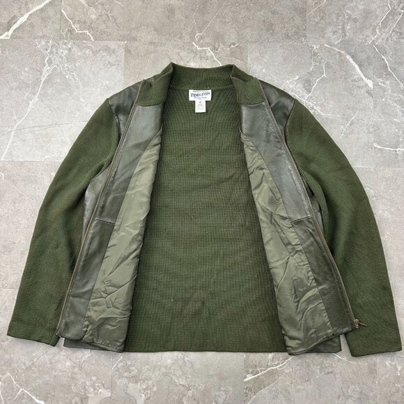 Pendleton Jacket Womens 2X Leather Merino Wool Full Zip Coat Sweater Army Green - Picture 2 of 11